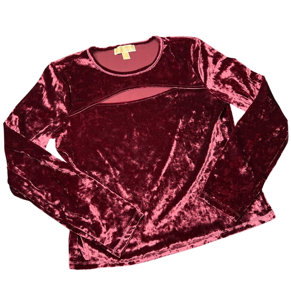Michael Kors Burgundy Crushed Velvet Cutout Long Sleeve Top Large